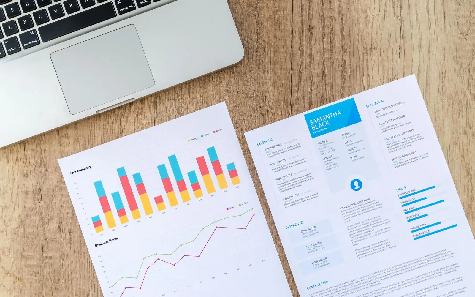 Marketing research and performance charts on a desk