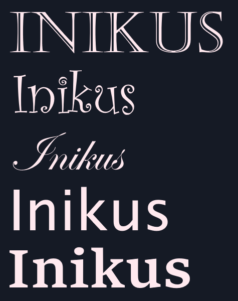Different font styles displaying the Inikus Media name, illustrating how fonts evoke different emotions and brand personality, from playful and fun to professional and authoritative